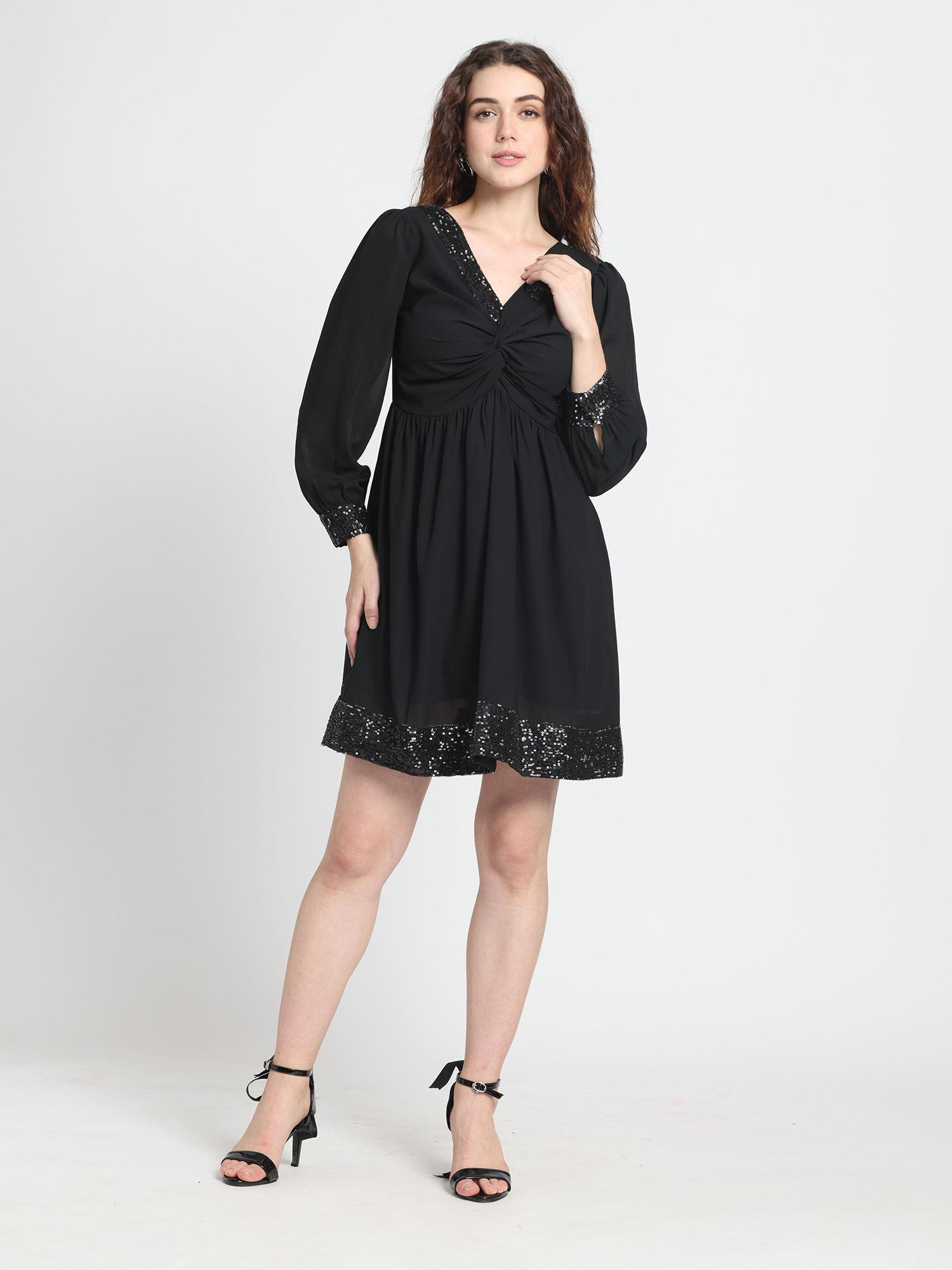 women v-neck black sequined full sleeves party mini dress