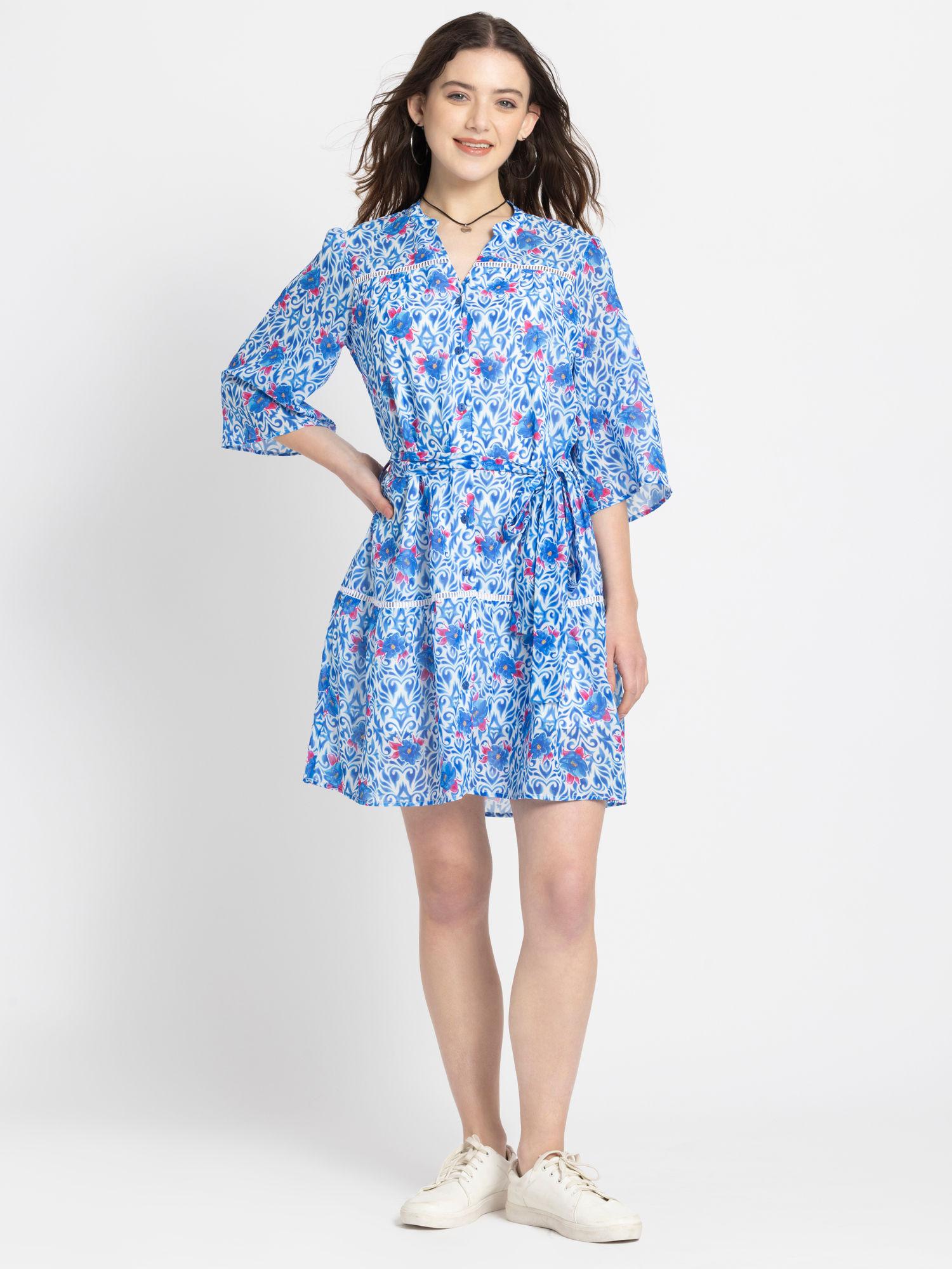 women v-neck blue floral print three-quarter sleeves casual dress