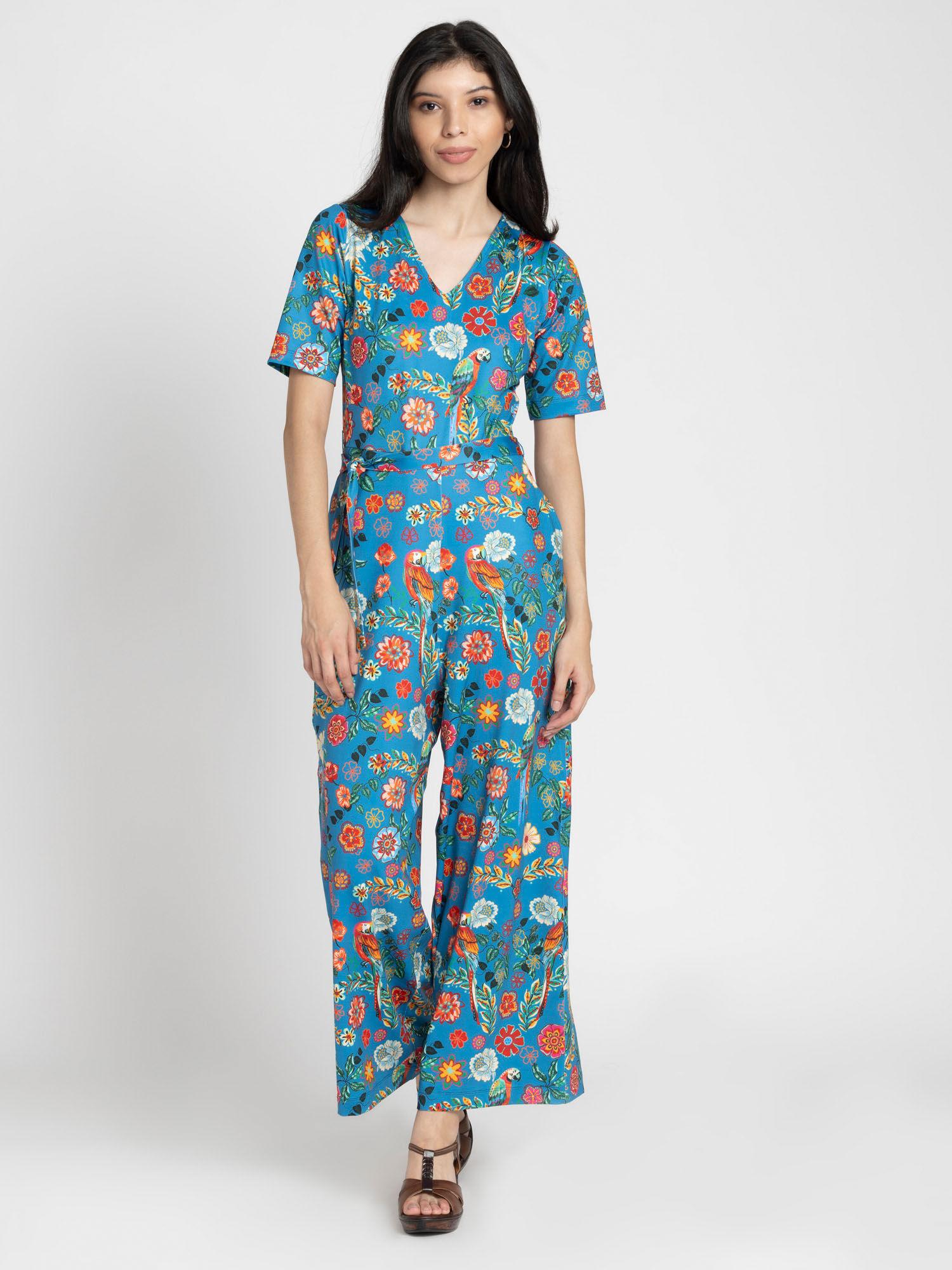 women v-neck blue printed half sleeves casual jumpsuit (set of 2)