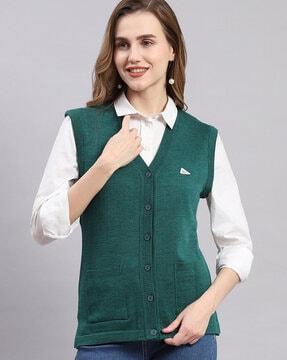 women v-neck cardigan with patch pockets