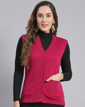 women v-neck cardigan with patch pockets