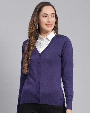 women v-neck cardigan with ribbed hem