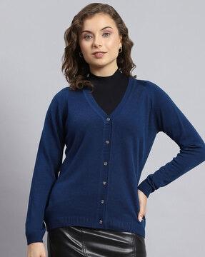 women v-neck cardigan with ribbed hems