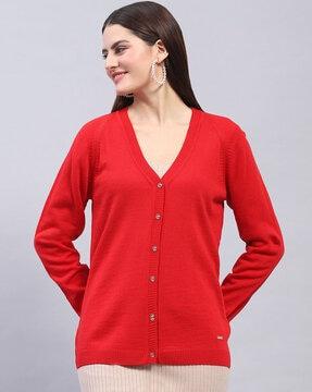 women v-neck cardigan with ribbed hems