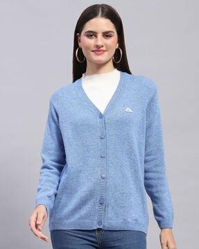 women v-neck cardigan with ribbed hems