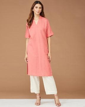 women v-neck cotton straight kurta