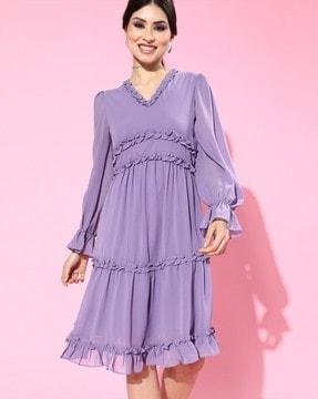 women v-neck fit & flare dress with ruffled details