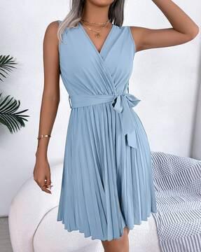 women v-neck fit & flare dress with waist tie-up