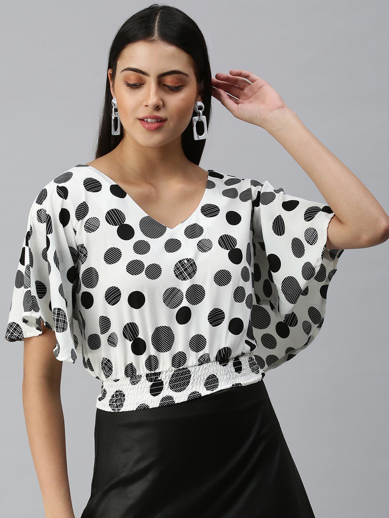 women v-neck flare sleeves printed white top