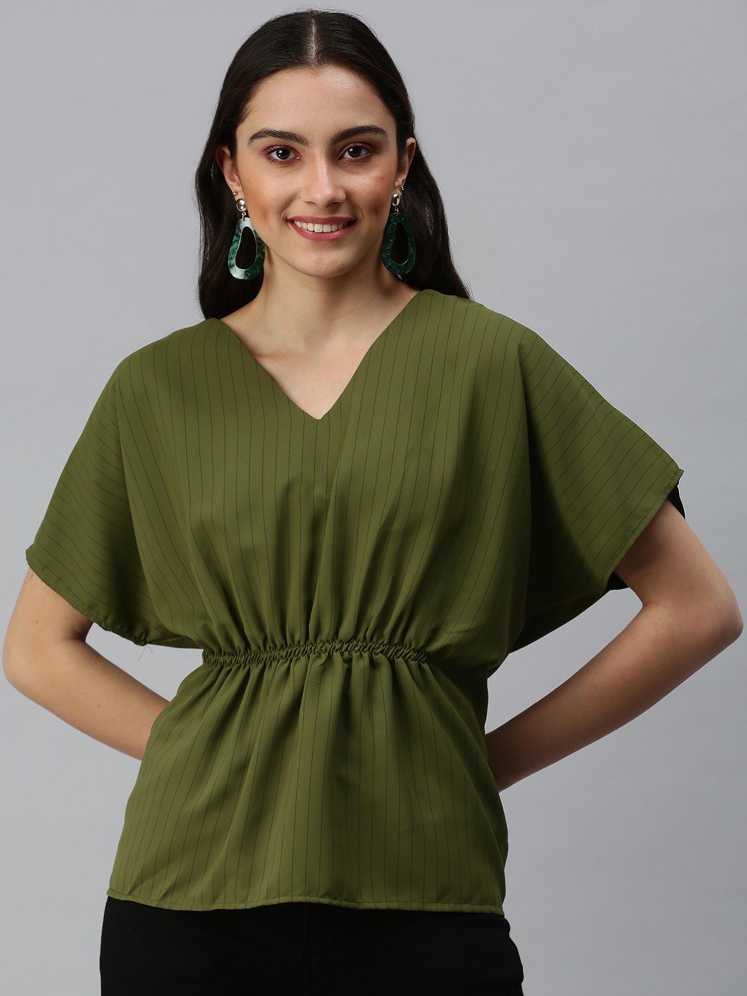 women v-neck flare sleeves stripes olive top