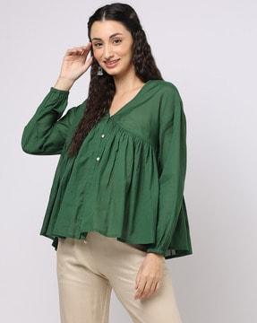 women v-neck flared top