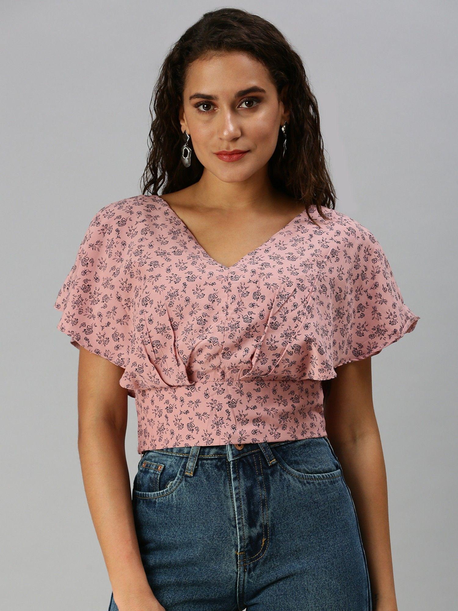 women v-neck floral mauve crop top