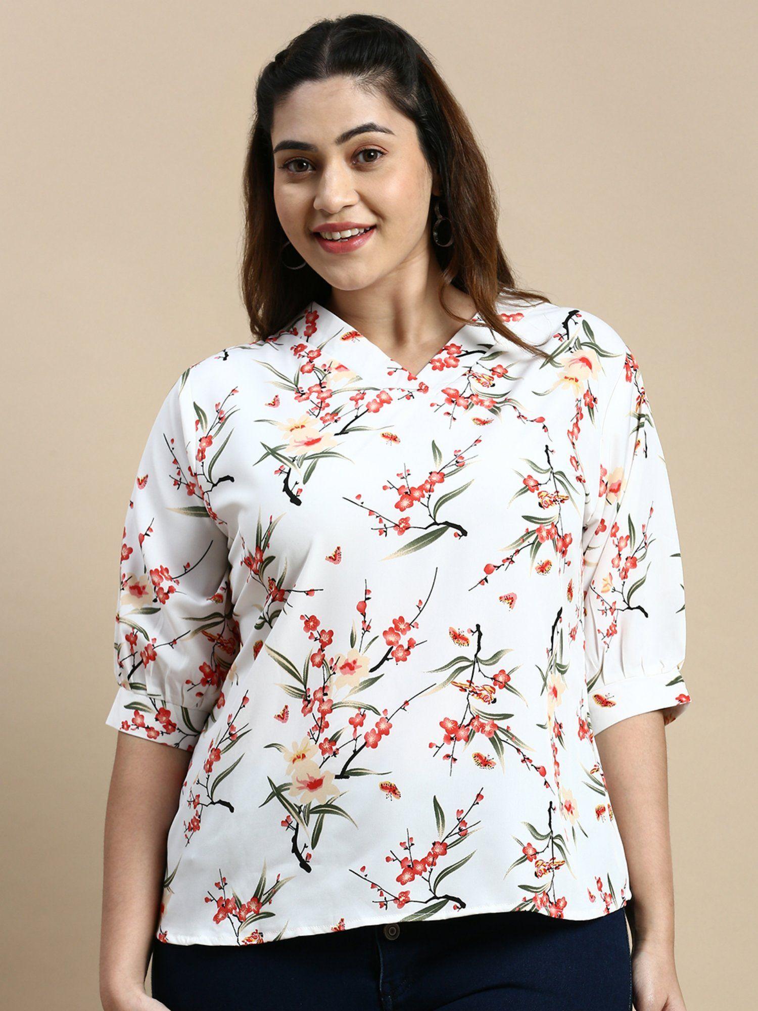 women v-neck floral off white regular top