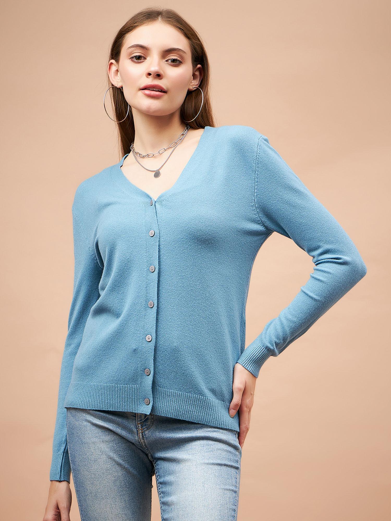 women v-neck full sleeves wool fabric blue sweater