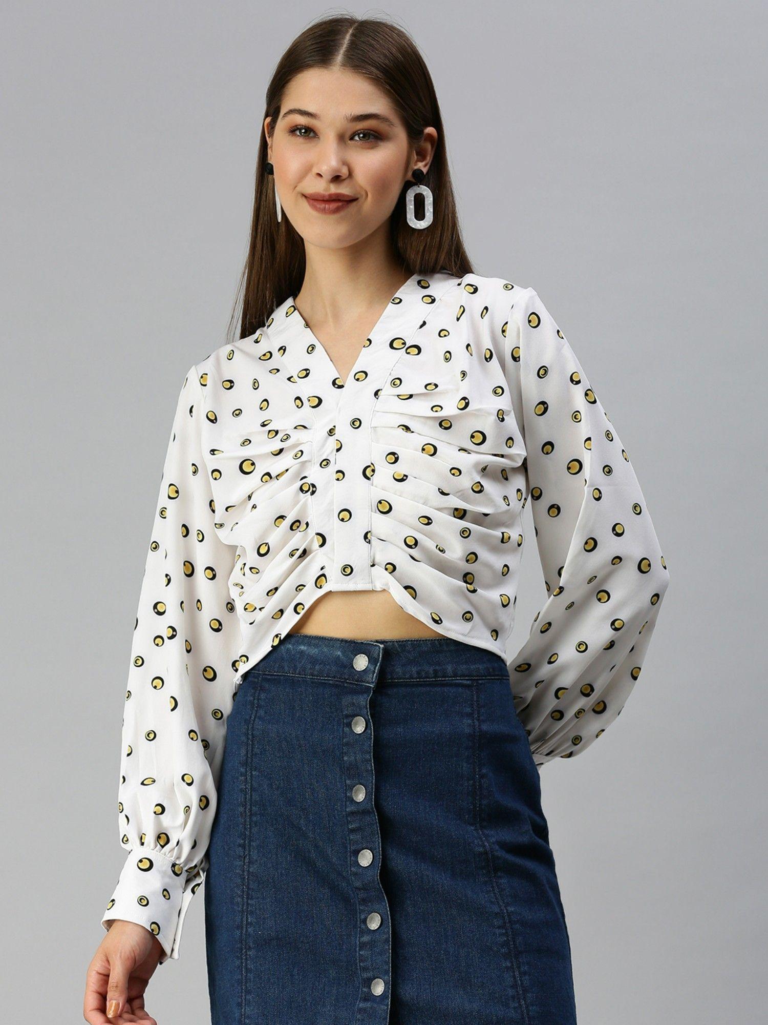 women v-neck geometric off white crop top