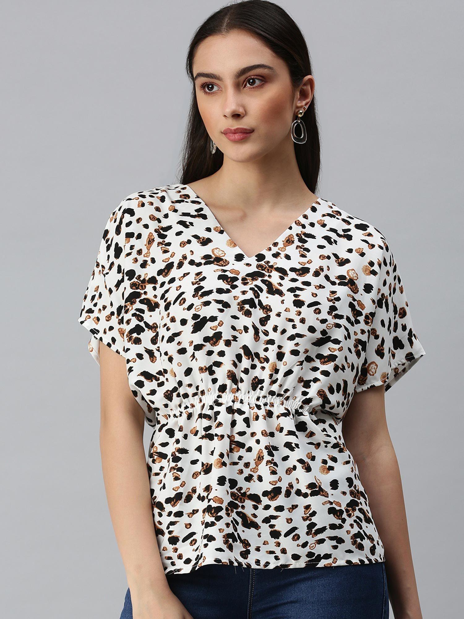 women v-neck half sleeves animal print white top