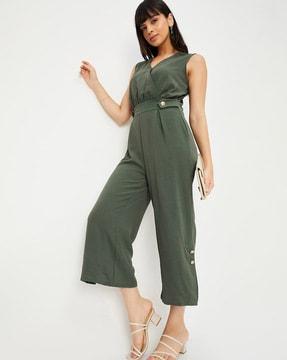 women v-neck jumpsuit with buttoned accent