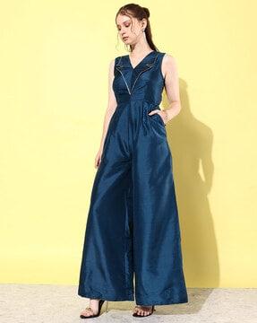 women v-neck jumpsuit with insert pockets