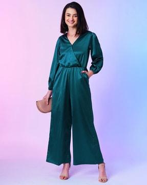 women v-neck jumpsuit with insert pockets