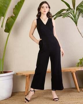 women v-neck jumpsuit with insert pockets