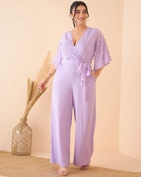 women v-neck jumpsuit with insert pockets