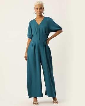 women v-neck jumpsuit with puff-sleeves