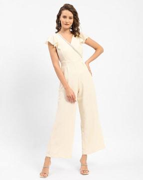 women v-neck jumpsuit with ruffles