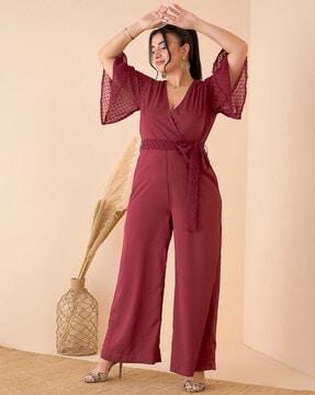 women v-neck jumpsuit with tie-front