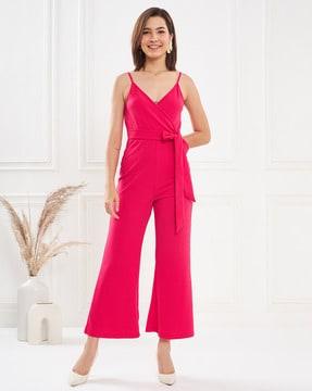 women v-neck jumpsuit with tie-front