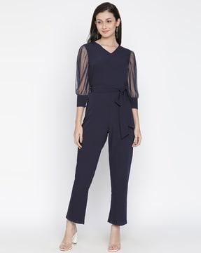 women v-neck jumpsuit with tie-up front