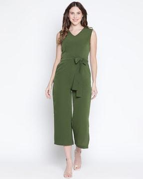 women v-neck jumpsuit with tie-up front