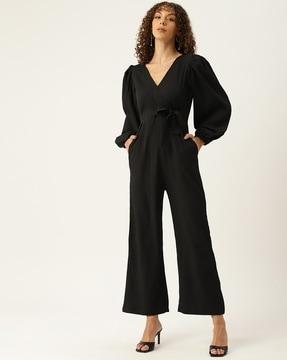 women v-neck jumpsuits with zip closure