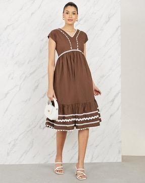 women v-neck lace inserts a-line midi dress