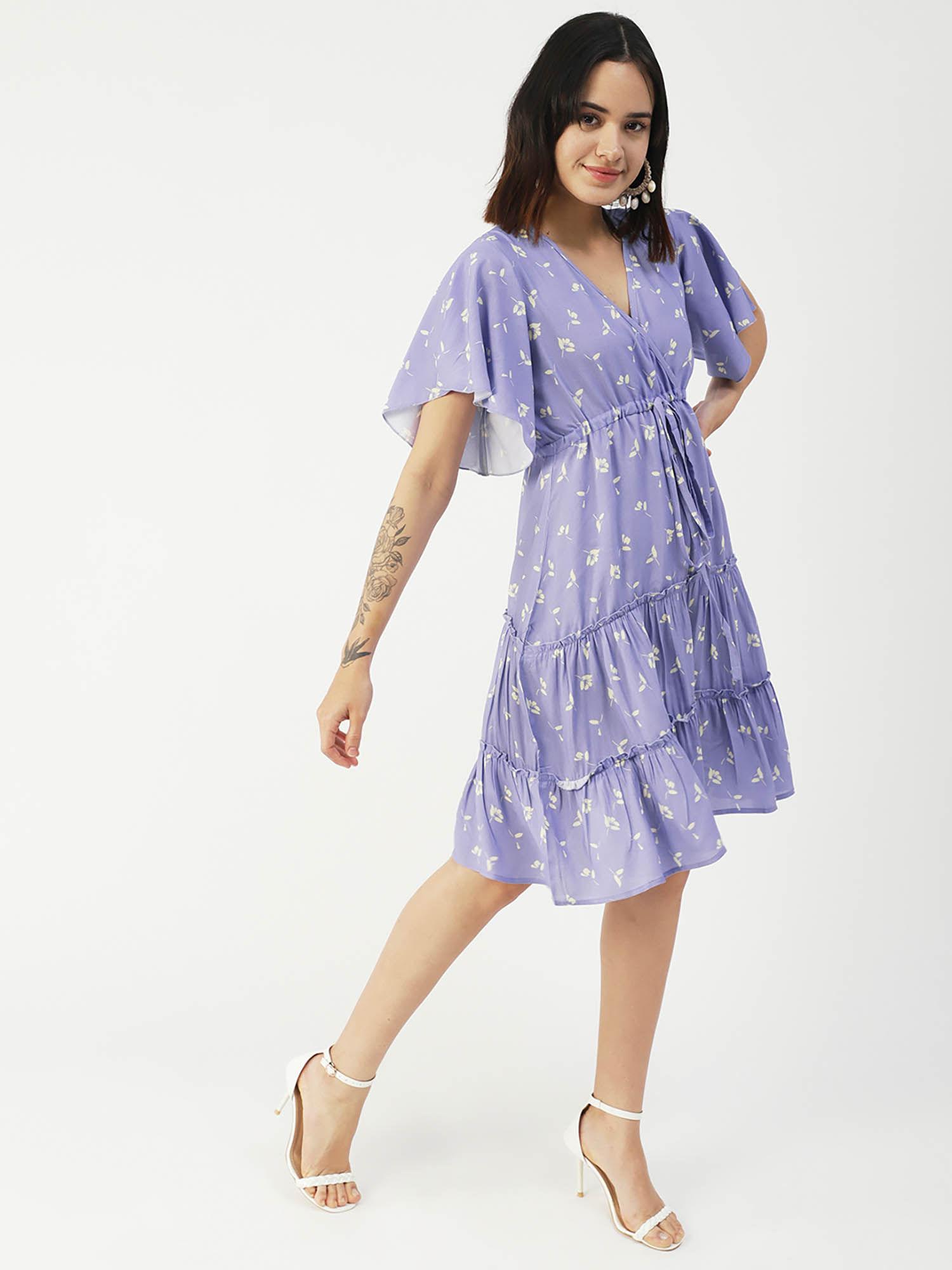 women v-neck lavender floral printed mini dress