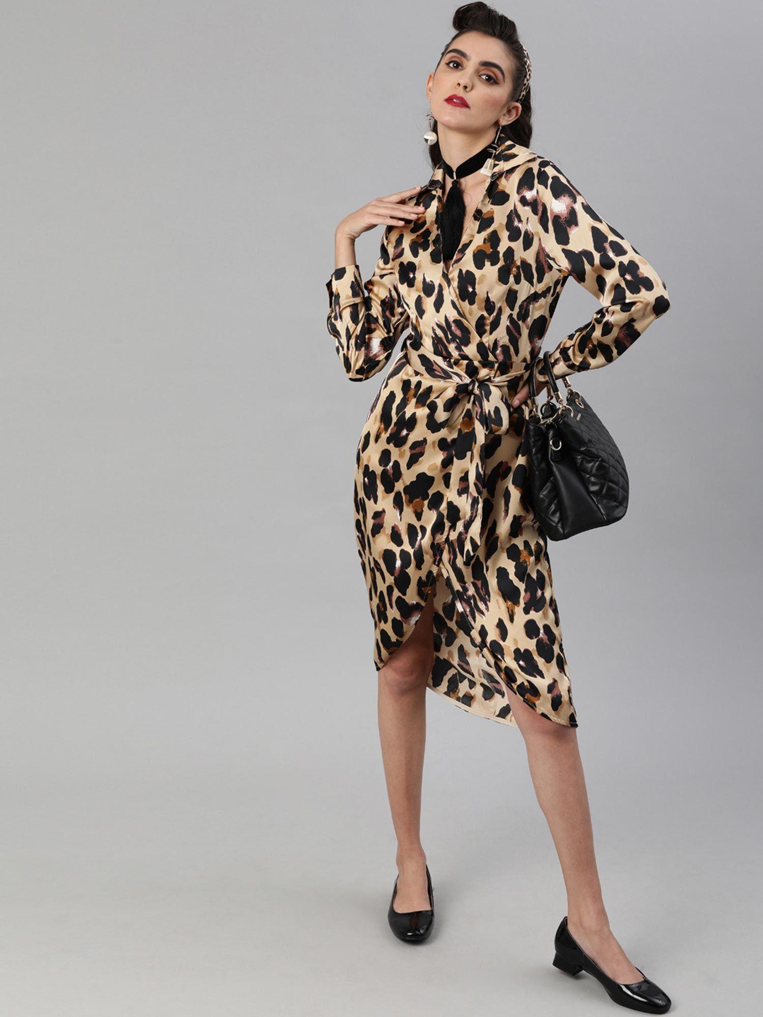 women v-neck leopard print midi dress