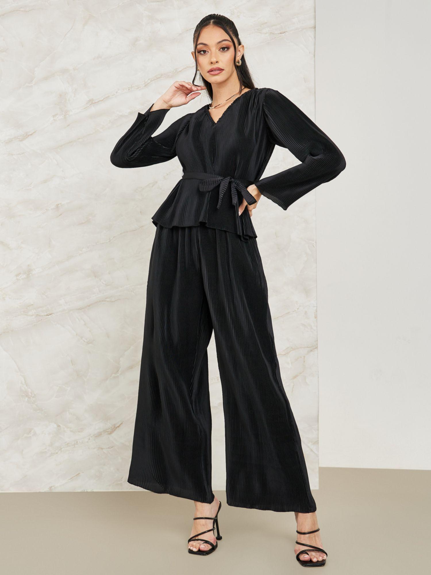 women v neck long sleeve top and wide leg pants with belt (set of 3)