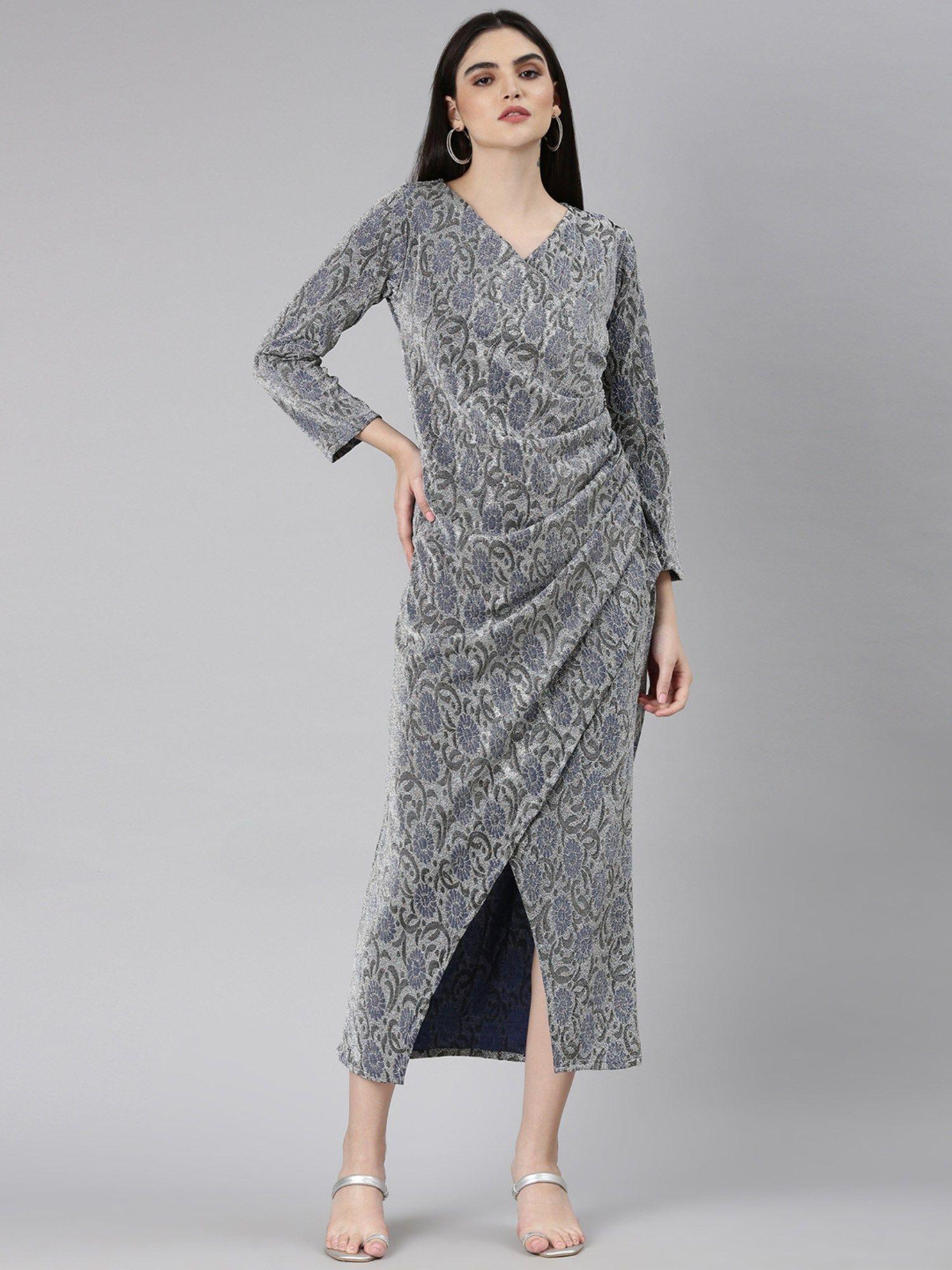 women v-neck long sleeves floral silver maxi dress