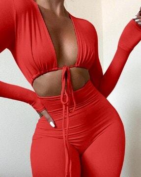 women v-neck long sleeves jumpsuit