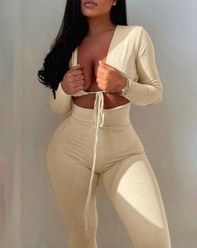 women v-neck long sleeves jumpsuit