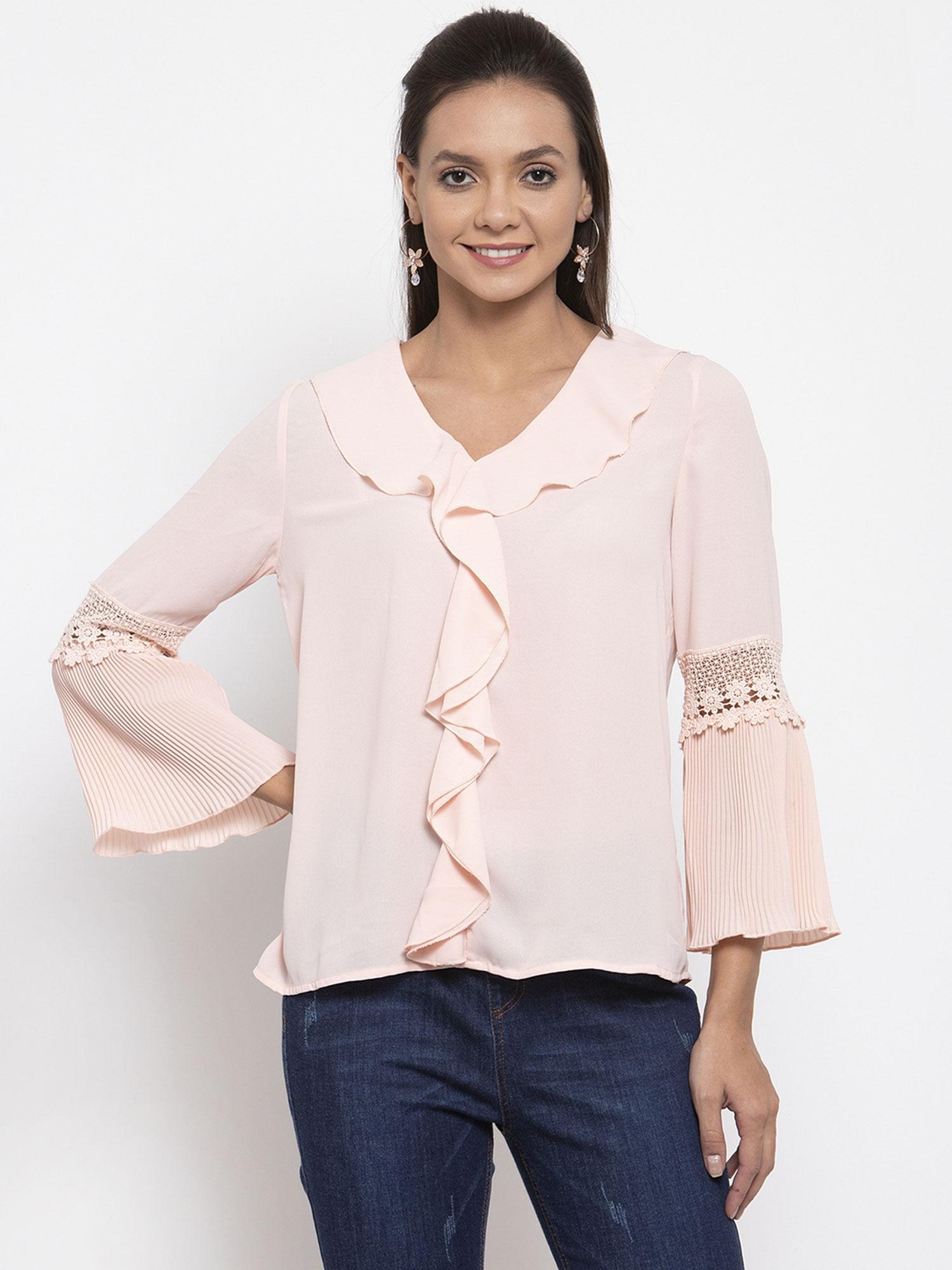 women v-neck long sleeves solid blush pink color tops