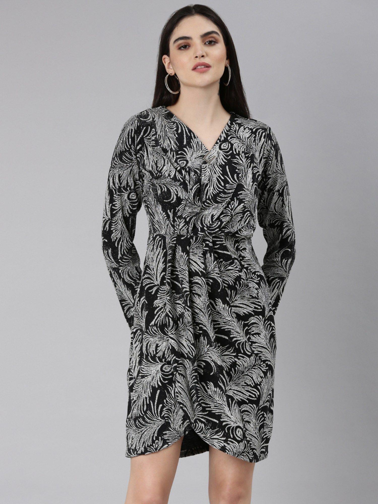 women v-neck long sleeves wrap tropical black and silver above knee dress