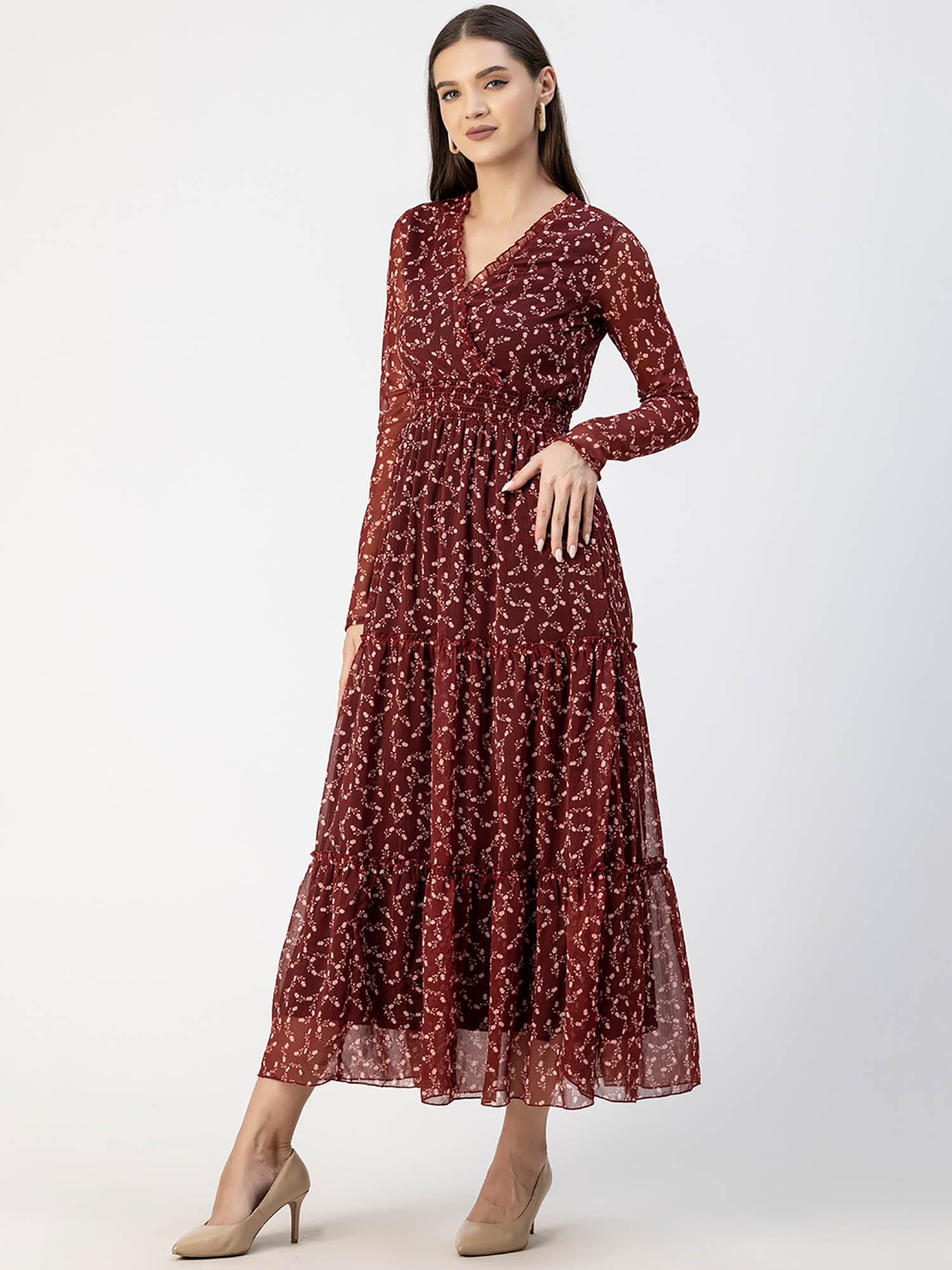 women v-neck maroon floral printed maxi dress