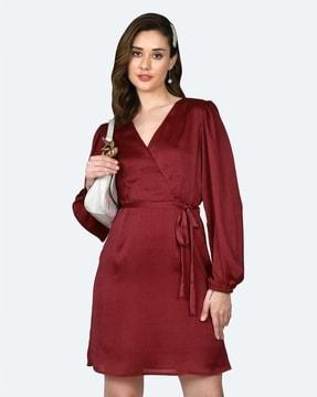 women v-neck mini wrap dress