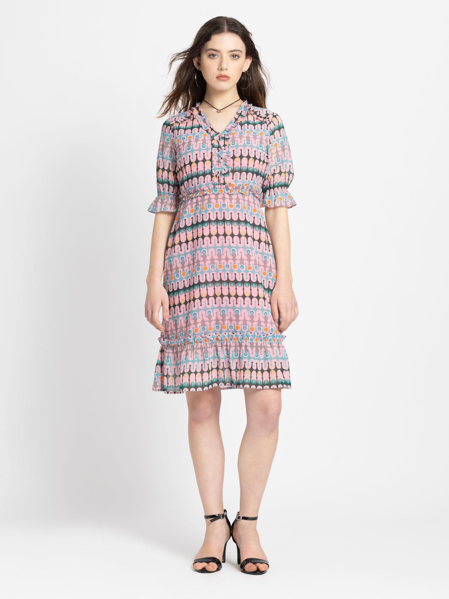 women v-neck pink printed three-quarter sleeves casual dress