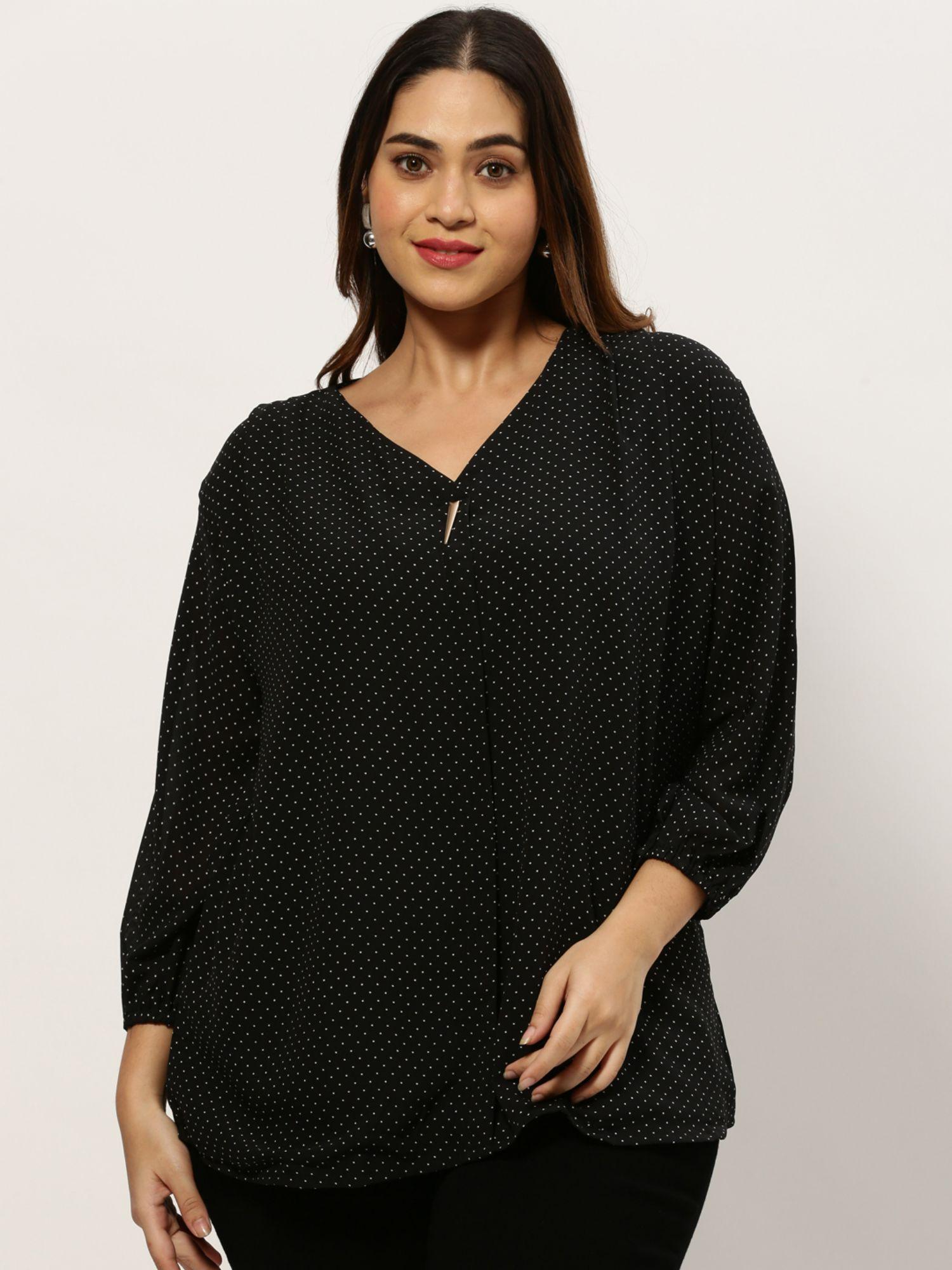 women v-neck polka dots black regular top