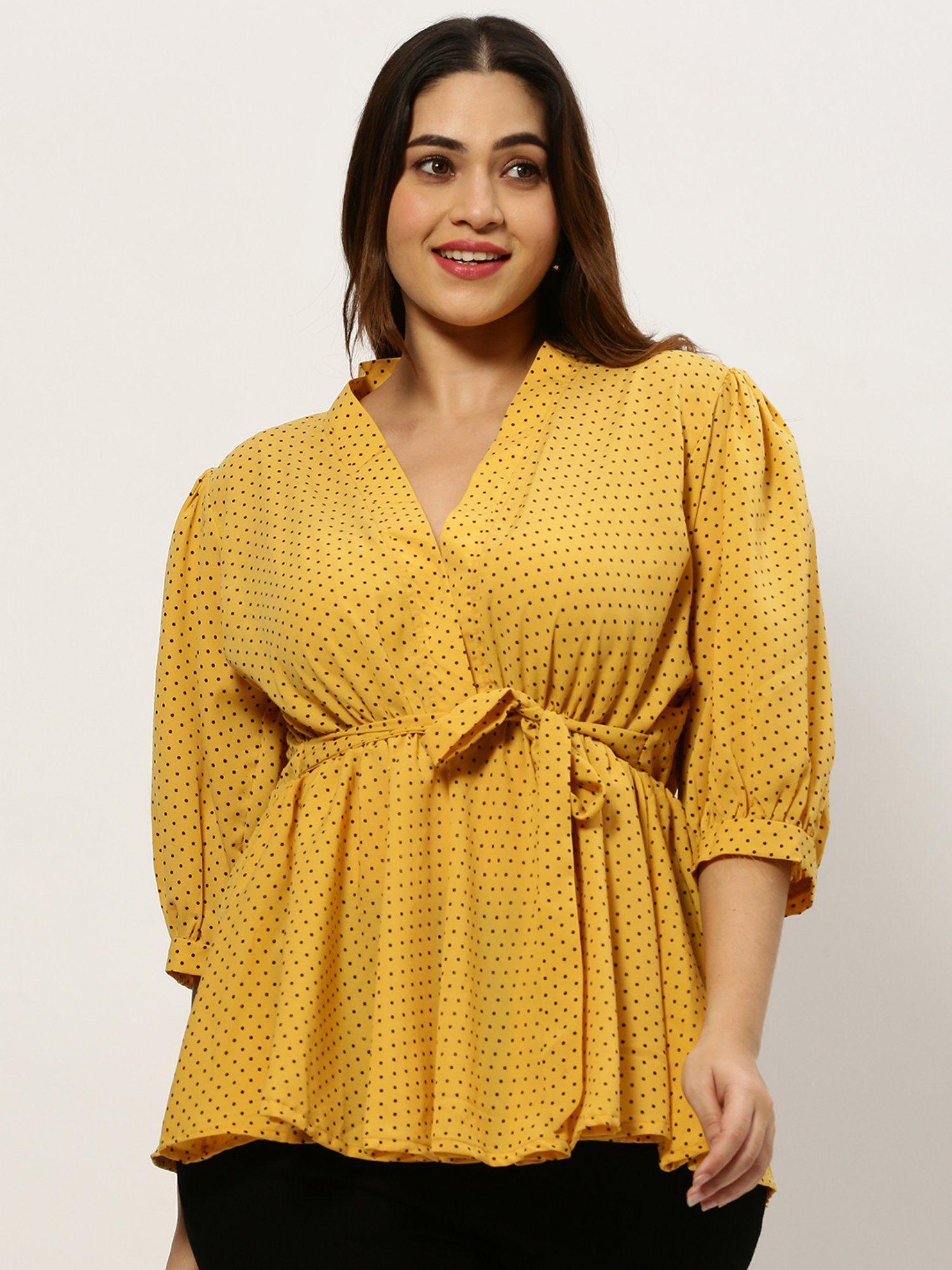 women v-neck polka dots yellow regular top