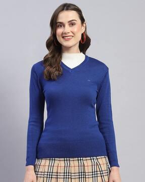 women v-neck pullover with ribbed hem