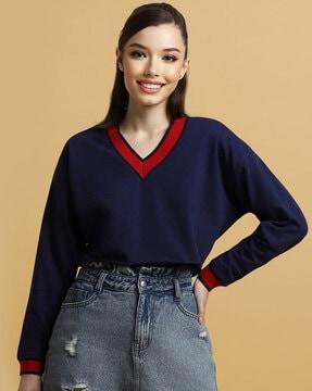 women v-neck regular fit sweatshirt with full sleeves