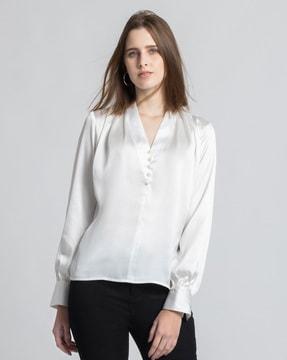 women v-neck regular fit top with cuff sleeves