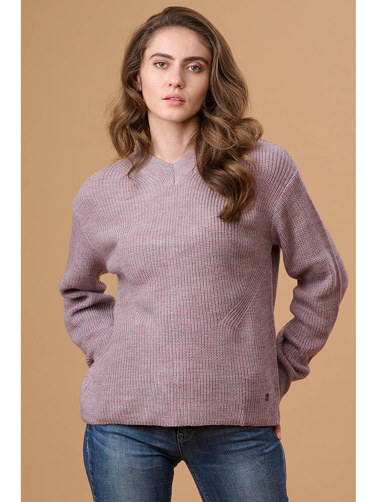 women v-neck regular full sleeves acrylic fabric milenge lilac sweaters